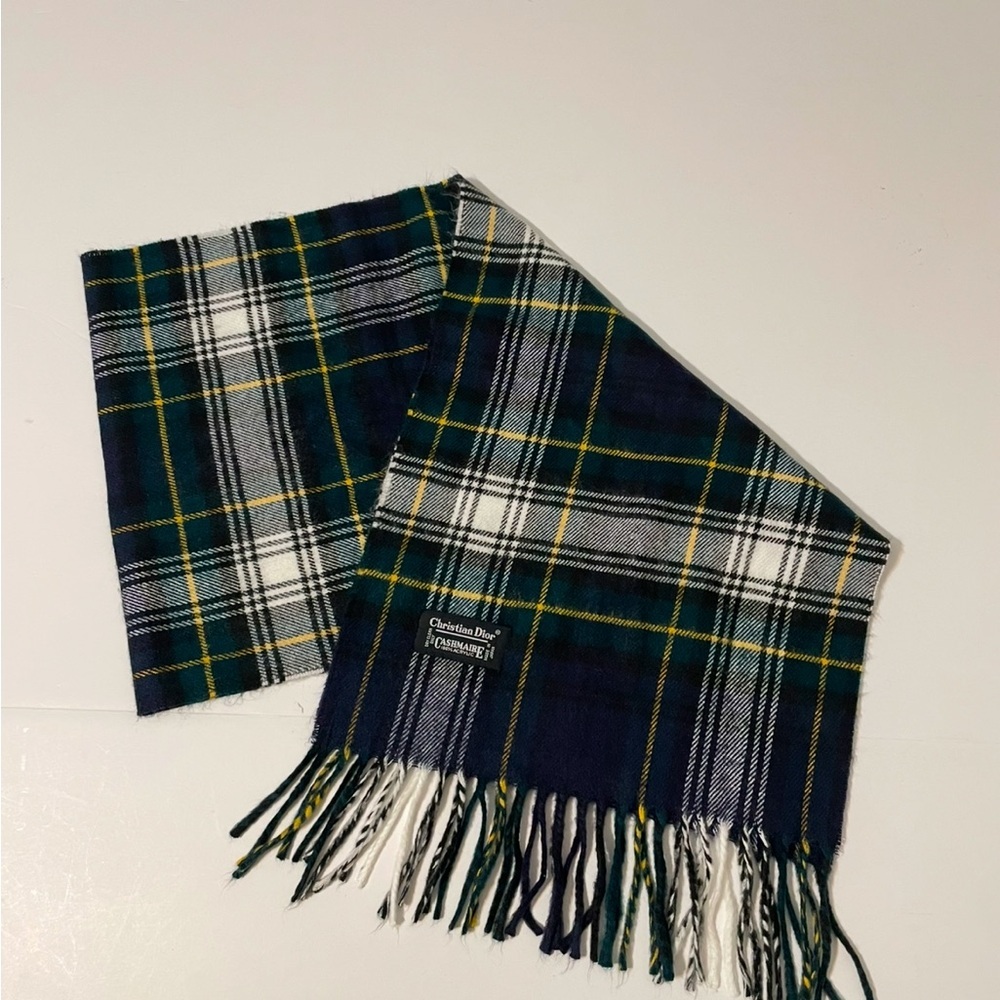 Christian Dior Plaid Scarf Monsieur Plaid Fringe Black Green Soft Acrylic